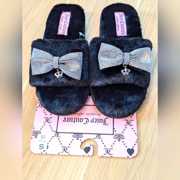 BNWT Juicy Couture Womens (Small 5/6) Furry Slide-In Slippers With Bow And Crown - Picture 8 of 13